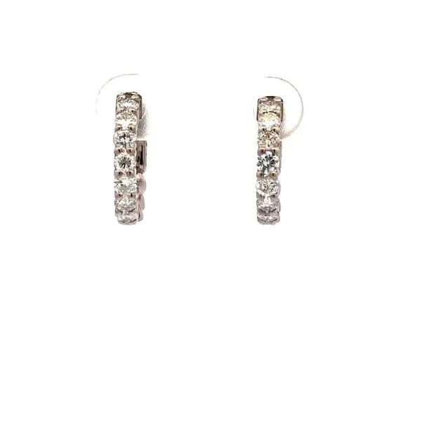 These 14Kt white gold diamond hoop earrings feature 1.00 Ctw (14 diamonds) with Si2 clarity and G/H color. They have a push button lock for secure wear. Hudson Valley Goldsmith New Paltz, NY