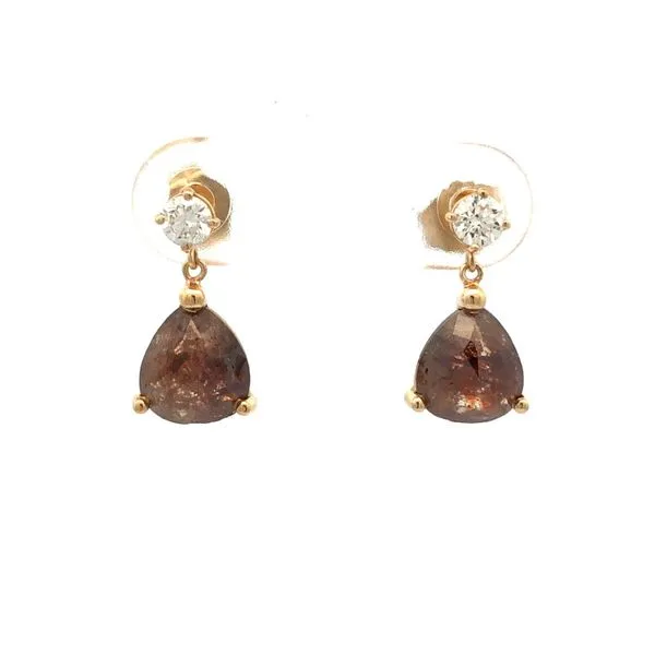 14K Yellow Gold Earrings with 1/4Ctw Round Brilliant Diamonds and 2.37Ctw Red Salt and Pepper Diamond Drop Hudson Valley Goldsmith New Paltz, NY