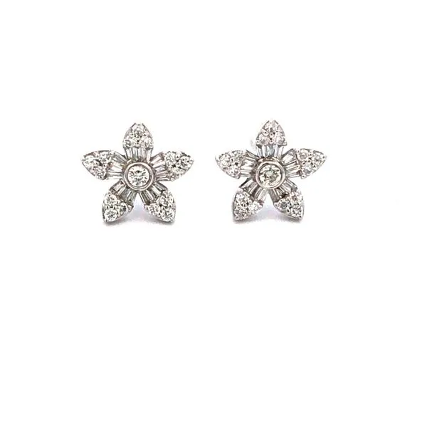 14K White Gold Small Flower Stud Earrings with 0.33ctw Baguettes and Round Diamonds Hudson Valley Goldsmith New Paltz, NY