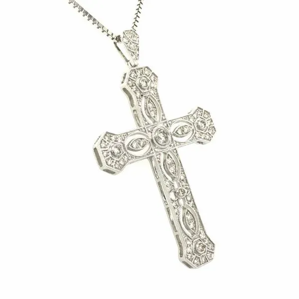 14k white gold cross featuring 0.51cttw round brilliant diamonds set through out the cross and the bail. The cross measures 45 x Image 2 Hudson Valley Goldsmith New Paltz, NY