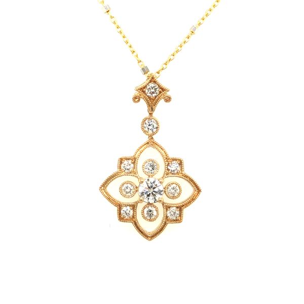 14k yellow gold vintage inspired pendant featuring 0.50cttw of round brilliant cut diamonds with double milgrain edges along the Hudson Valley Goldsmith New Paltz, NY