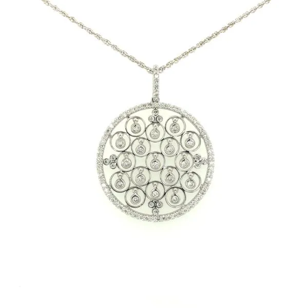 14k white gold necklace featuring 0.78cttw round brilliant diamonds set around the outside of the pendant as well as floating be Hudson Valley Goldsmith New Paltz, NY