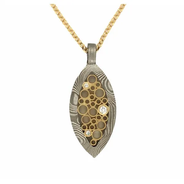 Damascus frame small leaf pendant with 18K yellow gold tubes with diamonds Hudson Valley Goldsmith New Paltz, NY