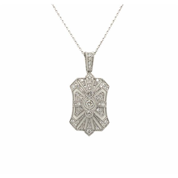 14k white gold vintage style pendant featuring 0.40 cttw diamonds hand set across design, milgrain edges and layered textures in Hudson Valley Goldsmith New Paltz, NY