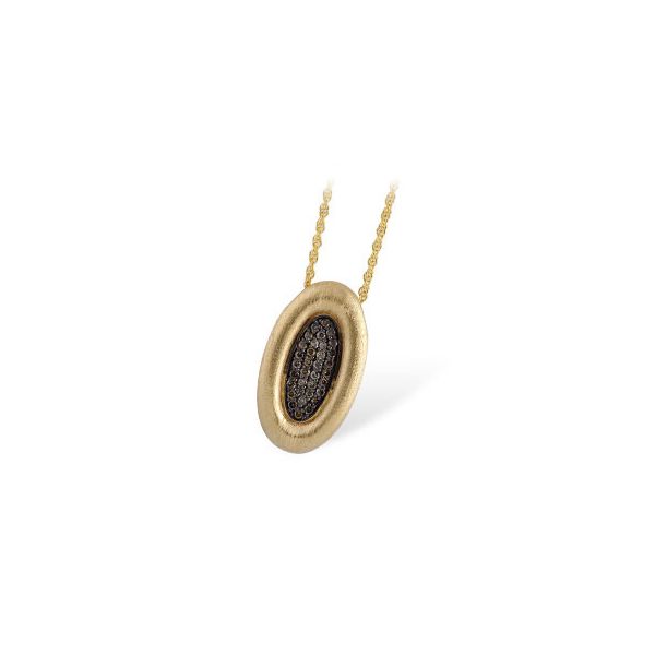 14K Yellow Gold textured and Brushed Oval Frame Pendant with 0.33 ctw Brown Diamonds, includes 18