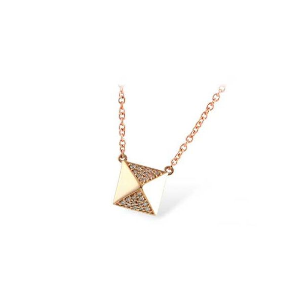 14K Rose Gold Pyramid Pendant with two sides of 0.11ctw diamonds, stationary necklace includes 18