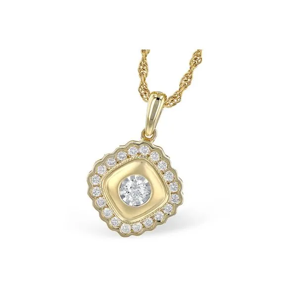 14k yellow gold pendant featuring 0.30cttw brilliant diamonds hand set along a scalloped edge, and center set 0.10ct diamond in  Hudson Valley Goldsmith New Paltz, NY