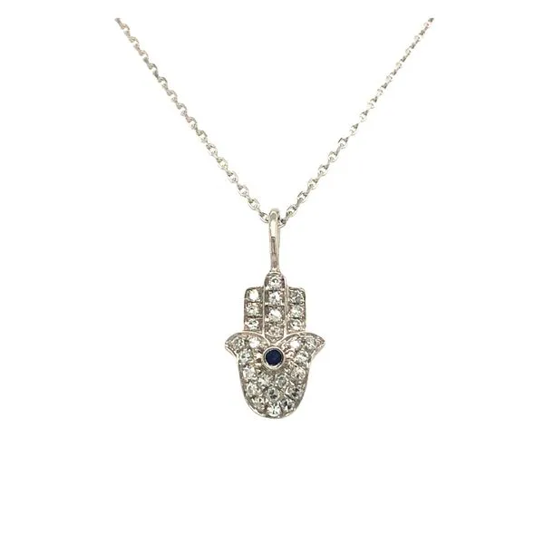 14k white gold diamond hamsa necklace with blue sapphire gemstone. Includes 18