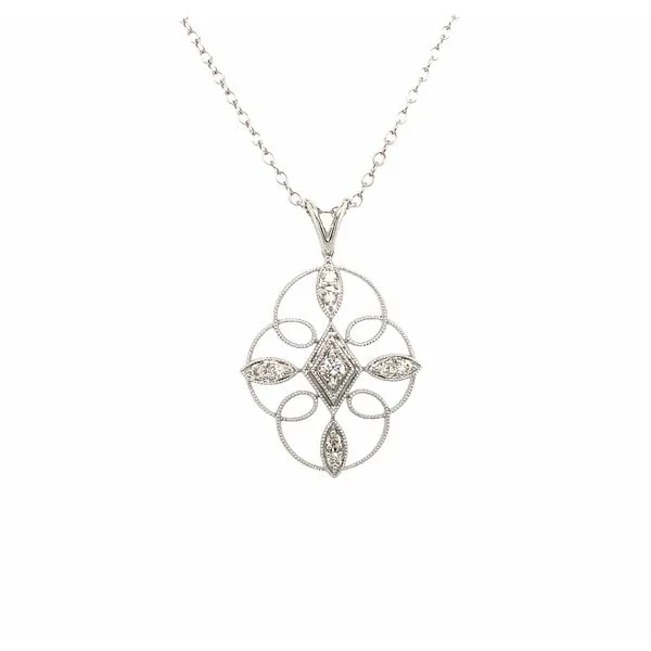 14K White Gold Diamond Swirl Millgrain Pendant on 14K White Gold Chain Hudson Valley Goldsmith New Paltz, NY