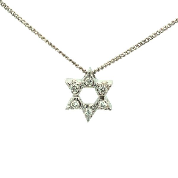 14k white gold star design pendant featuring 0.25cttw natural diamonds set inside points of star. Includes 1.20mm flat curb chai Hudson Valley Goldsmith New Paltz, NY