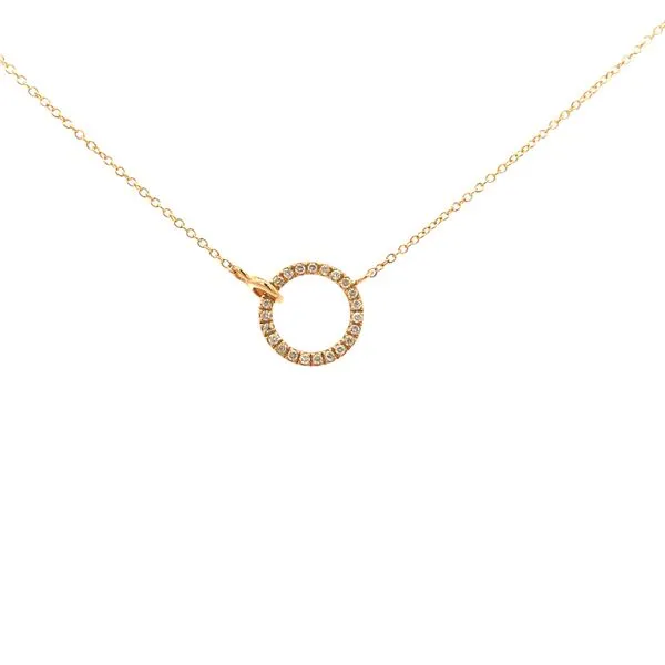 Add a touch of elegance with this 14K Yellow Gold pendant featuring a small circle with.10ctw Diamonds and a second smaller gold hoop looped around the diamond circle. Perfect for everyday wear. Hudson Valley Goldsmith New Paltz, NY