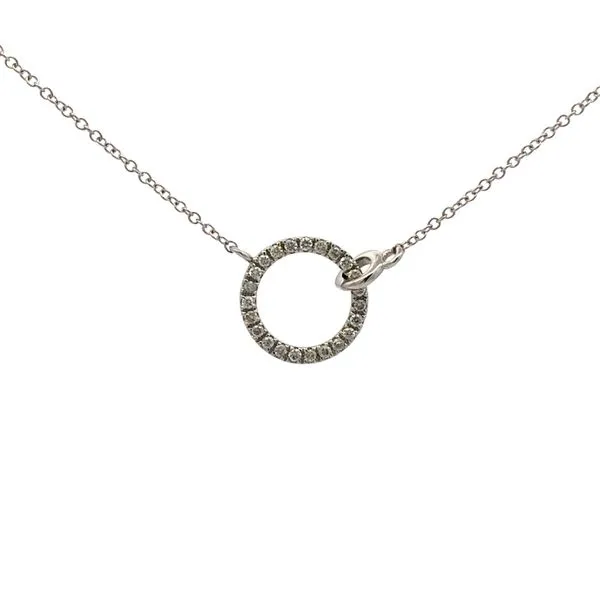 This 14K White Gold pendant features a small circle with.10ctw Diamonds and a second smaller gold hoop looped around the diamond circle. A stunning piece for any occasion. Hudson Valley Goldsmith New Paltz, NY
