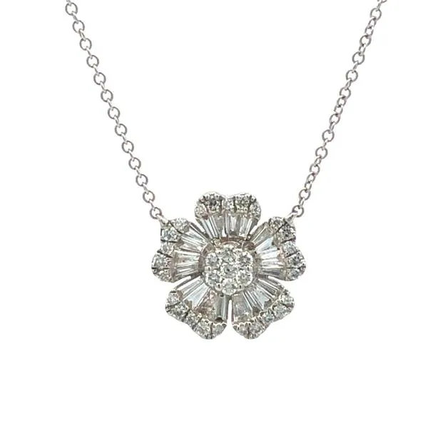 14K White Gold Baguettes and Round Diamond Flower Pendant Necklace Hudson Valley Goldsmith New Paltz, NY