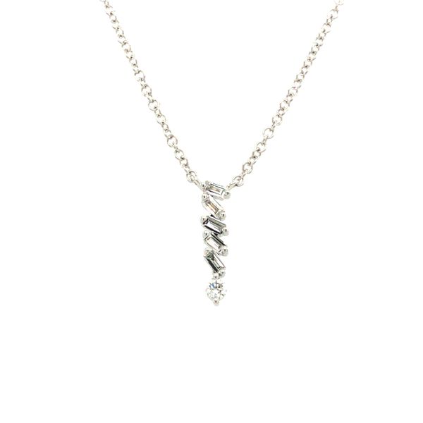 14k white gold stationary necklace featuring 0.11cttw straight baguette and round diamond offsset design, includes 16-18