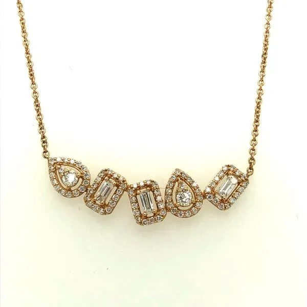 14k yellow gold multi shape halo design necklace featuring 0.55cttw diamonds in pear and bagguette shapes. horizontal 18