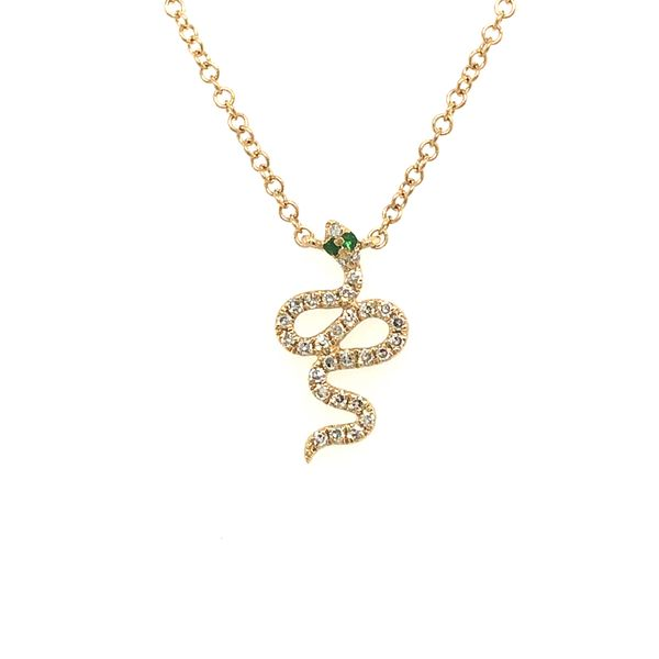 14k yellow gold necklace with a snake design stationed at the middle of the 18