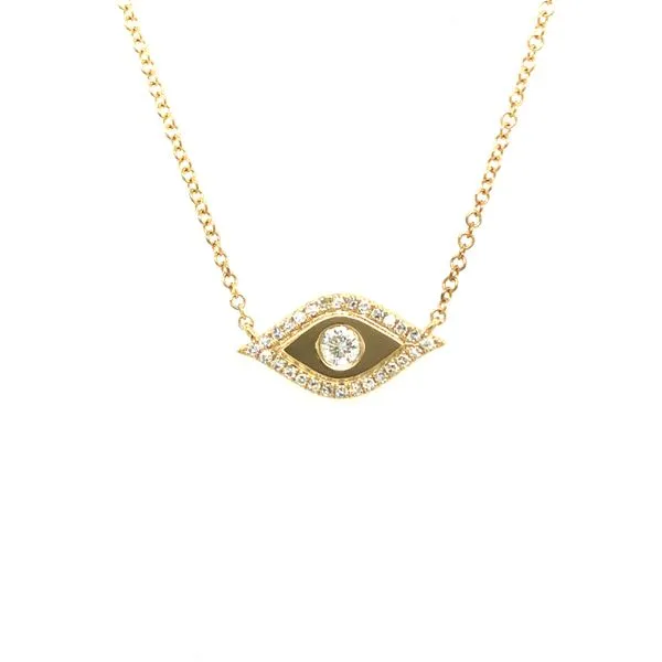14k yellow gold evil eye necklace featuring 0.17cttw round diamonds had set through design, includes 16-18