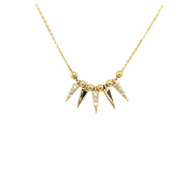 14k yellow gold spike necklace featuring 0.10cttw round brilliant diamonds set on alternating designs, 16-18