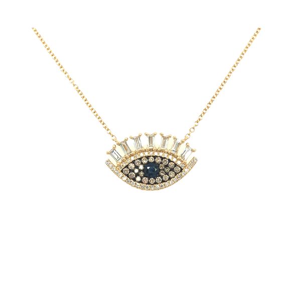 14k yellow gold evil eye necklace featuring 0.50cttw diamonds and champagne diamonds set across design with a center blue sapphi Hudson Valley Goldsmith New Paltz, NY