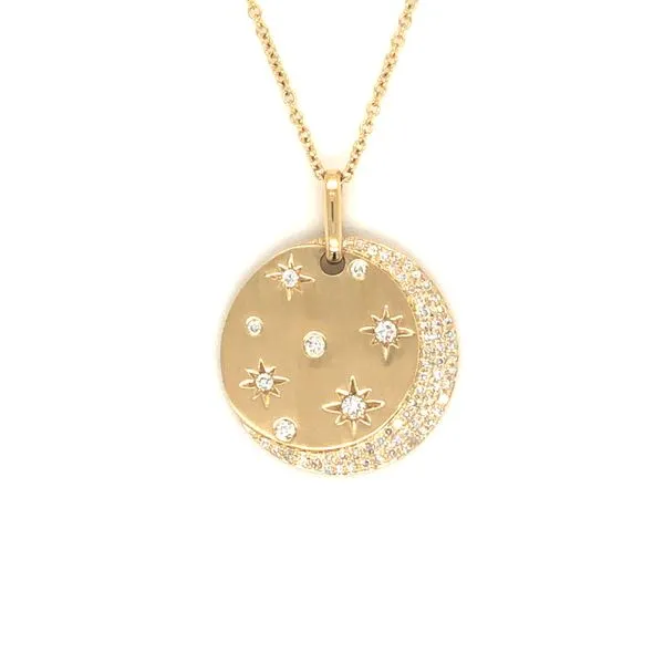 14K Yellow Gold Disc Necklace with Moon and Star Pattern Hudson Valley Goldsmith New Paltz, NY