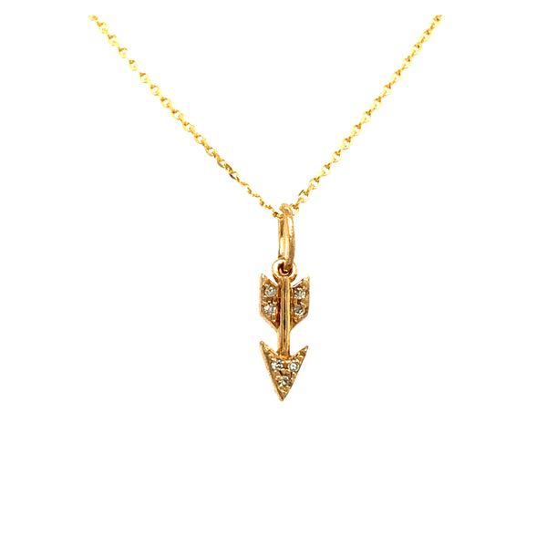 14k yellow gold petite arrow pendant with diamond accents on an 18