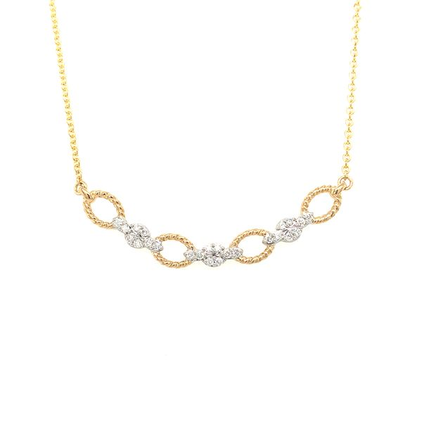 14k yellow and white gold stationary necklace featuring 0.25cttw diamonds set across the white gold intersecting designs with br Hudson Valley Goldsmith New Paltz, NY