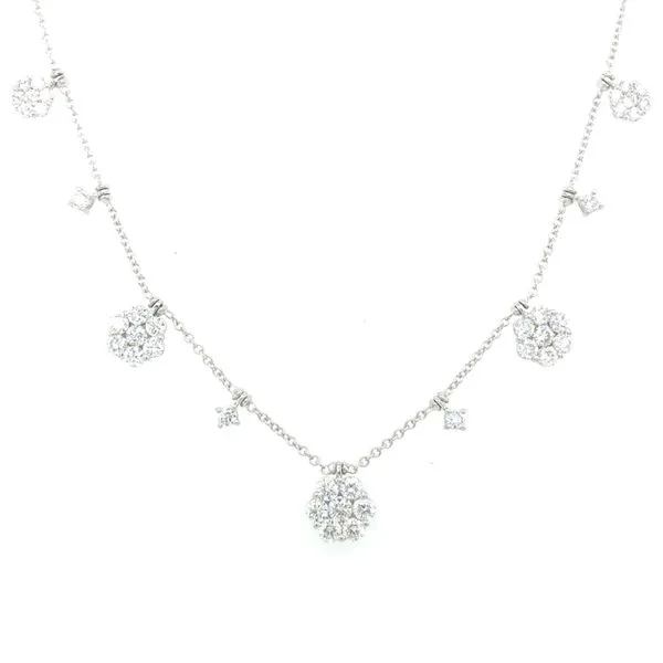 18k white gold stationary diamond cluster drop necklace feautring 2.00cttw round natural diamonds SI1 G-H 16.5-17