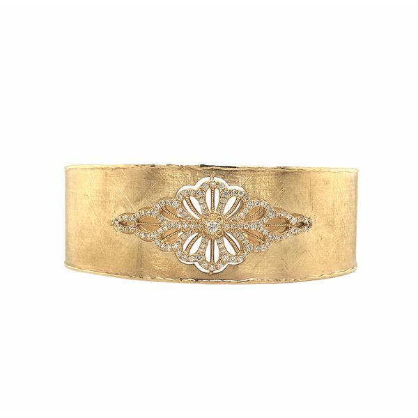 14K Yellow Gold Wide Cuff Bracelet, Brush Finish and open Lace Section with 0.59ctw Diamonds Hudson Valley Goldsmith New Paltz, NY