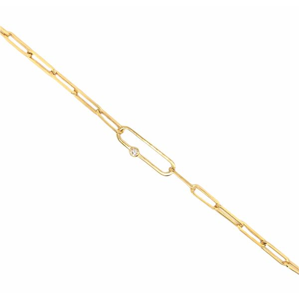 14k yellow gold paperclip style bracelet with elongated center piece featuring bezel set 0.05ct round brilliant diamond. Lobster Hudson Valley Goldsmith New Paltz, NY