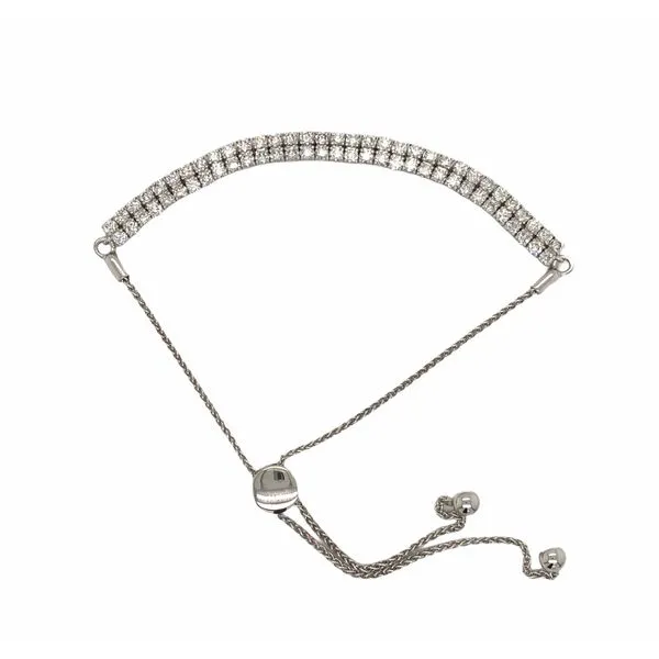 14k white gold double line BOLO bracelet featuring 2.00 cttw round brilliant diamonds on an adjustable wheat chain bracelet. Hudson Valley Goldsmith New Paltz, NY