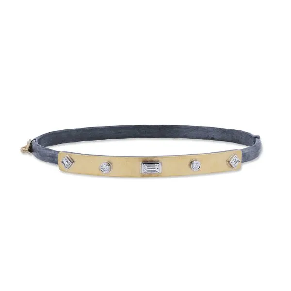 24K Fusion gold and oxidized sterling silver hinged bangle bracelet with five diamond set in 18kwhite gold bezels on 5mm satin f Hudson Valley Goldsmith New Paltz, NY