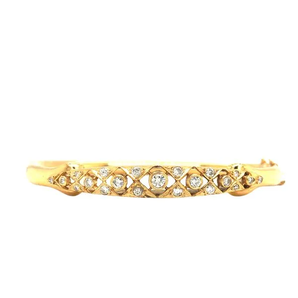 ESTATE 14k yellow gold tube bangle bracelet featuring approximately 1/2cttw diamonds set along top open design Hudson Valley Goldsmith New Paltz, NY