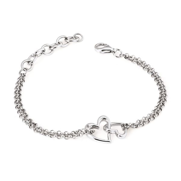Double Heart Bracelet In Sterling Silver With.01 Ct. Diamond With Rollo Chain Adjustable Between 7.5