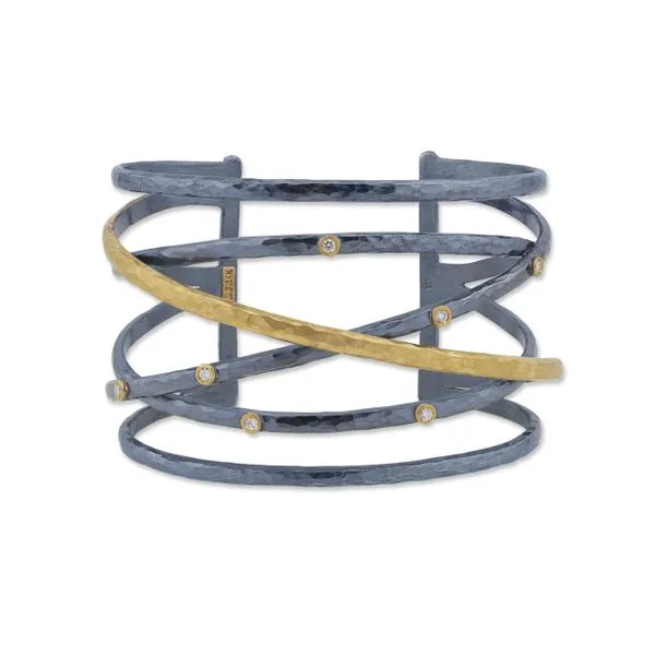24K Hammered Fusion Gold & Ox. Silver “Stockholm Crosswire” Open Cuff Bracelet With 11 Diamonds Set In 24K Bezels, Approx 45 Hudson Valley Goldsmith New Paltz, NY