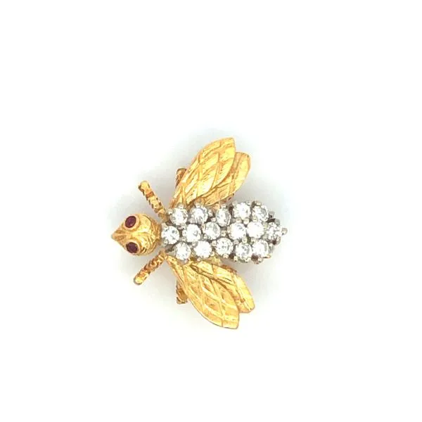 ESTATE 18k yellow gold Bee brooch/pin with detailed wings, ruby gemstone eyes and approximately 1/2cttw round brilliant diamonds Hudson Valley Goldsmith New Paltz, NY