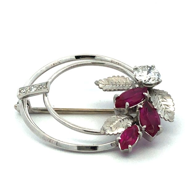 14Kt White Gold Ruby and Diamond Floral Brooch Image 2 Hudson Valley Goldsmith New Paltz, NY