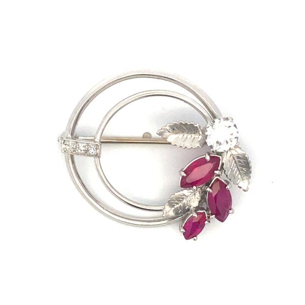 14Kt White Gold Ruby and Diamond Floral Brooch Hudson Valley Goldsmith New Paltz, NY