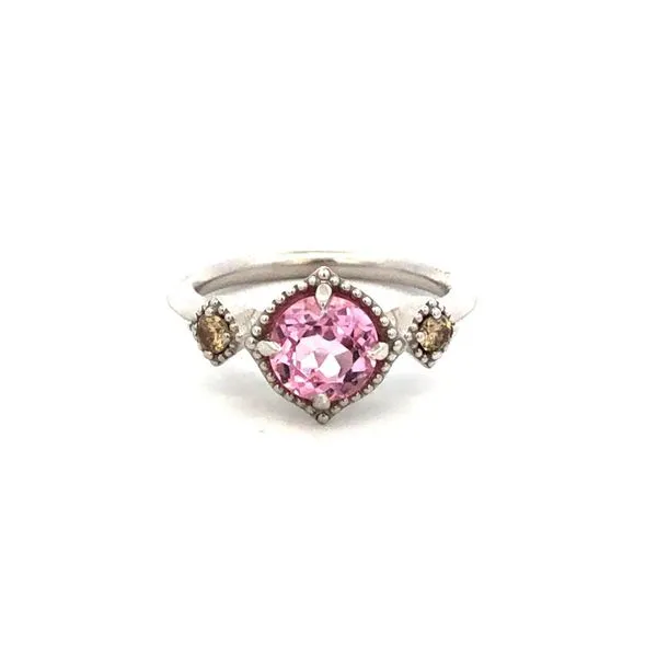 1.01 ct round pink tourmaline with 0.12 ctw cognac diamonds in 14k w/g beaded head ring Hudson Valley Goldsmith New Paltz, NY