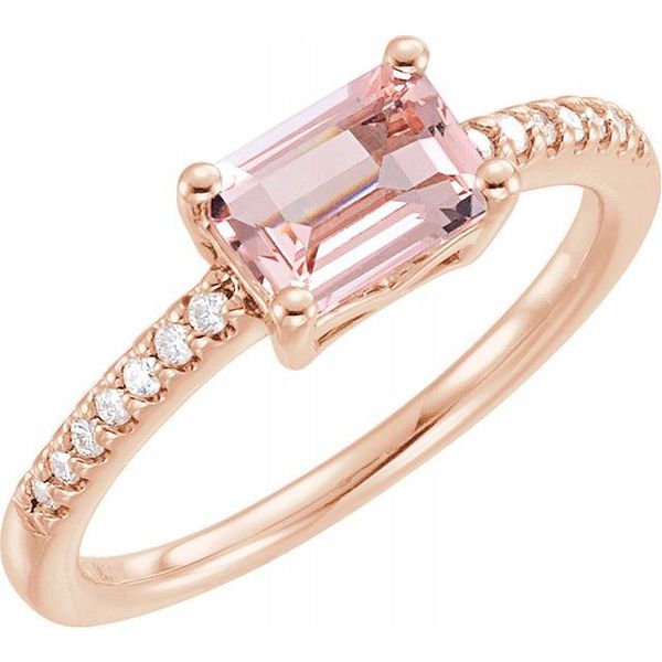 14 k rose gold ring with 7 by 5 mm emerald cut morganite and 0.10 ctw diamonds Hudson Valley Goldsmith New Paltz, NY