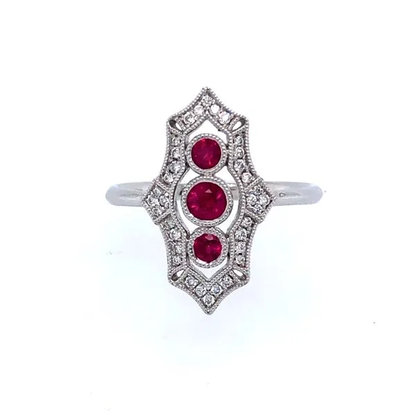 14k white gold 0.14cttw diamond & 3 round ruby elongated ring Hudson Valley Goldsmith New Paltz, NY