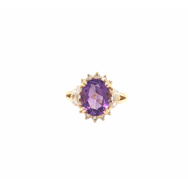 14k yellow gold ring featuring a 10x8mm oval faceted amethyst gemstone accented by 0.40cttw diamonds, all hand set in a unique d Hudson Valley Goldsmith New Paltz, NY