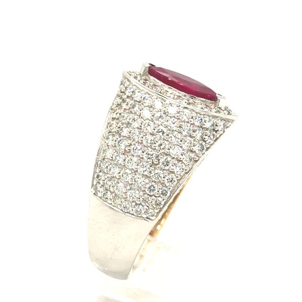 14k white and yellow gold split design ring featuring a 8.4x4mm marquise ruby surrounded by 0.80cttw round brilliant diamonds al Image 2 Hudson Valley Goldsmith New Paltz, NY