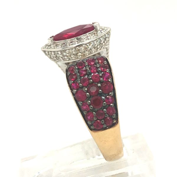 14k white and yellow gold split design ring featuring a 8.4x4mm marquise ruby surrounded by 0.80cttw round brilliant diamonds al Image 3 Hudson Valley Goldsmith New Paltz, NY
