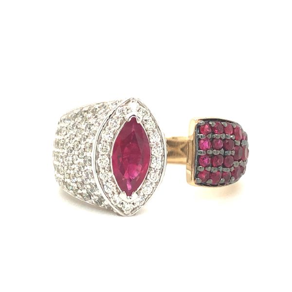 14k white and yellow gold split design ring featuring a 8.4x4mm marquise ruby surrounded by 0.80cttw round brilliant diamonds al Hudson Valley Goldsmith New Paltz, NY