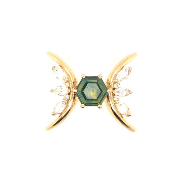 14K Yellow Gold Ring Featuring Hexagonal Step Cut Blue/Green Montana Sapphire Accented With Marquise White Sapphires And Round W Hudson Valley Goldsmith New Paltz, NY