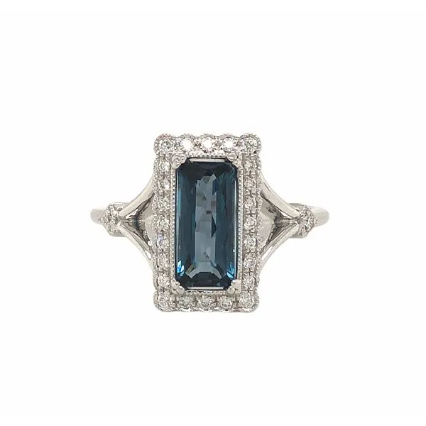 14K White Gold 1.58 ct Elongated Checkerboard Emerald Cut Blue Topaz Ring With 0.17 cttw Diamonds And Milgrain Pattern Hudson Valley Goldsmith New Paltz, NY