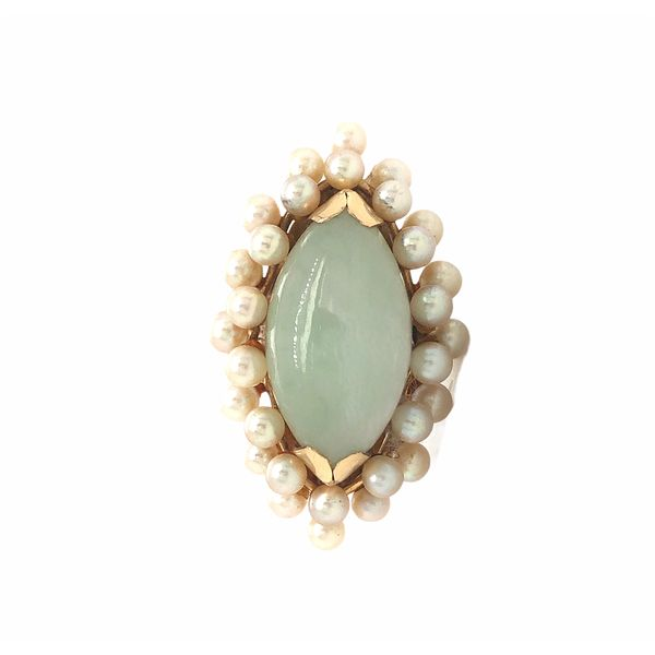 Estate 14K Yellow Gold Marquise Cabachon Jade And Round Multi Pearl Ring Hudson Valley Goldsmith New Paltz, NY