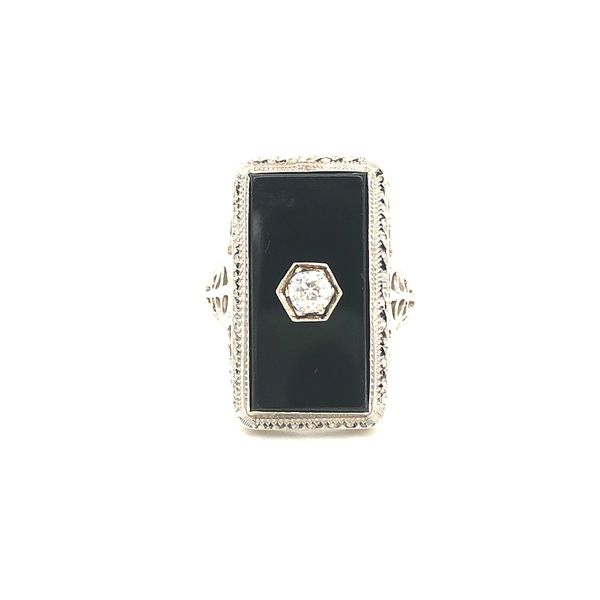 Estate 14K White Gold Filigree Ring W/ 0.20 Ct Old Cut Diamond Set In Black Onyx Hudson Valley Goldsmith New Paltz, NY