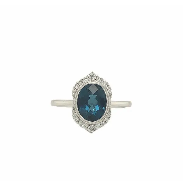 14K White Gold London Blue Topaz 1.86ctw & 0.14ctw Diamond Art Deco Inspired Ring Hudson Valley Goldsmith New Paltz, NY