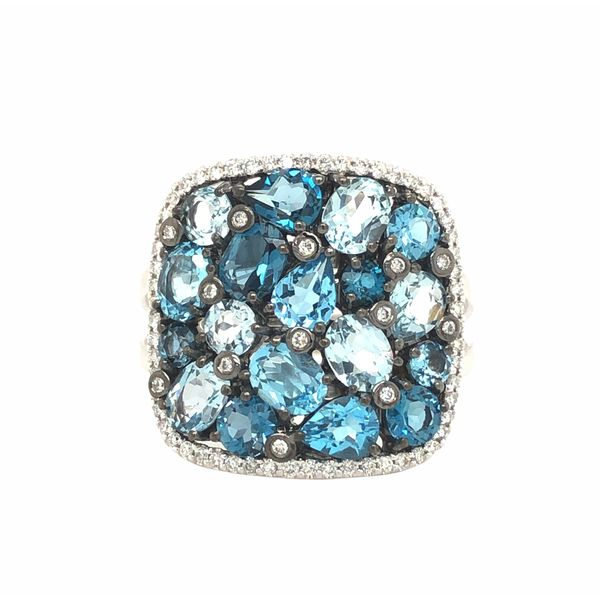 14k white gold fashion ring featuring 3.67 cttw different shades of blue topaz, and 0.27 cttw round brilliant diamonds. Hudson Valley Goldsmith New Paltz, NY